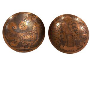 Vintage Etched Chilean Copper Hanging Wall Plaque Plates Folk Art Birds Set of 2